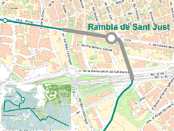 El tram marcat en gris correspon a l'entorn considerat de la parada. Mapa base: ICC