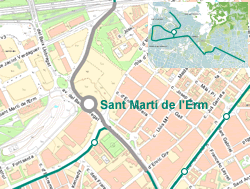 El tram marcat en gris correspon a l'entorn considerat de la parada. Mapa base: ICC